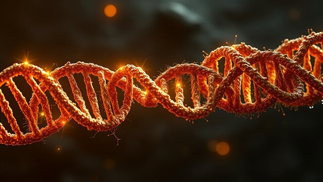Ancient DNA strands diverging—one vibrant with complex patterns, the other crumbling into fossilized fragments.