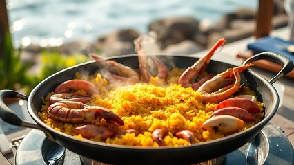 Artisanal paella pan with golden saffron rice and fresh seafood, celebrating Spain's National Day with Mediterranean coastal hues.