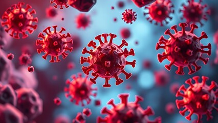 Abstract microscopic view of viral particles attacking cellular structures in fiery red and cool blue contrast.