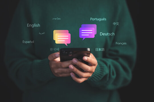 Person using smartphone with multilingual chat icons, global communication, online translation and international messaging. Concept of language learning, mobile apps, and cross-cultural connection.
