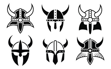 Collection of Viking Helmets in Black and White Illustration