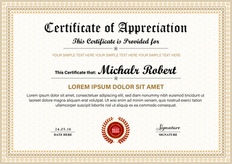 Luxury Golden Certificate Diploma of completion design template, white background with Frame, Border, light Guilloche pattern