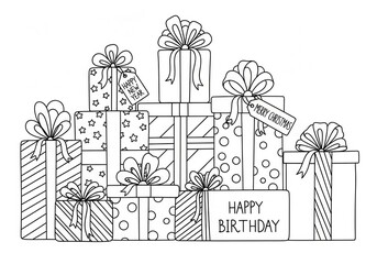 Hand-Drawn Collection of Holiday and Celebration Presents with Ribbon Bows
