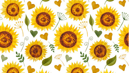 Watercolor Sunflowers And Hearts Seamless