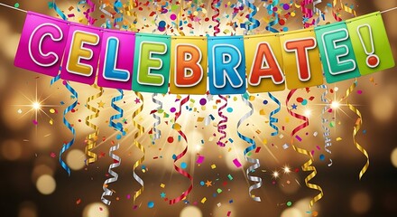 Vibrant celebratory banner with falling confetti and streamers for festive occasions