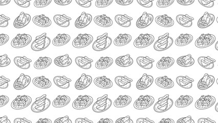 Seamless pattern with sketched food on plates