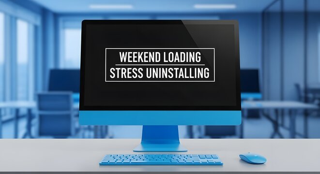 Modern Laptop Computer with Weekend Loading Screen Blue Office Setup