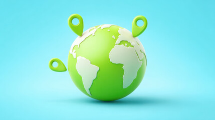 Green globe with location markers on blue background, symbolizing global navigation and environmental awareness in bright, clean style