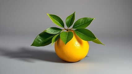 Vibrant yellow lemon with fresh green leaves, highlighted against a light grey background.