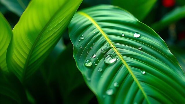 Vibrant tropical leaves with water droplets, illuminated by soft backlighting for a natural aesthetic.