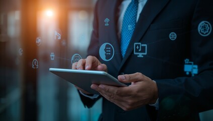 A person in a business suit uses a tablet computer with digital interface icons displayed over the screen.