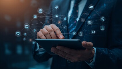 A businessperson interacts with a digital tablet displaying an interconnected network of applications.