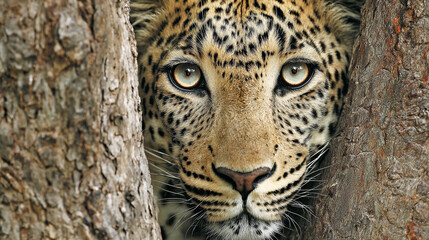 peering from behind a tree trunk, with beautiful eyes, in the style of National Geographic photography