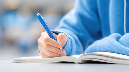 Student writing notes with blue pen in notebook, focused on study, wearing blue sweater, education and learning concept