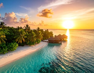 Tropical sunset over water bungalows on a pristine beach