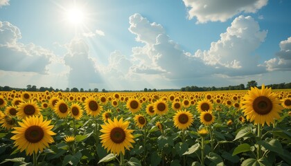 Fototapeta premium A vast field of sunflowers gently swaying in the summer breeze as sunlight filters through clouds