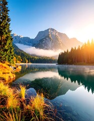 Serene sunrise over a mountain lake, reflecting the golden autumn foliage and mist-shrouded peaks