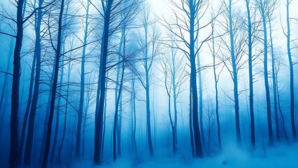 Misty blue forest with watercolor texture, portraying a tranquil winter landscape.