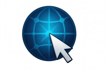 Glowing blue globe with interconnected network lines, mouse cursor hovering, symbolizing worldwide digital connectivity on transparent backdrop