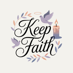 Inspiring keep faith message surrounded by a delicate floral wreath with doves and a lit candle symbolizing hope and spiritual comfort