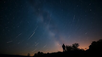 A dreamy night sky where constellations fade into sparkling meteor trails above silhouetted figures.