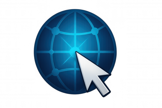 Glowing blue globe with interconnected network lines, mouse cursor hovering, symbolizing worldwide digital connectivity on transparent backdrop