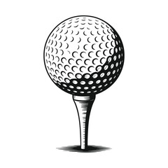 Golf Ball on Tee Black and White Engraving Style Illustration