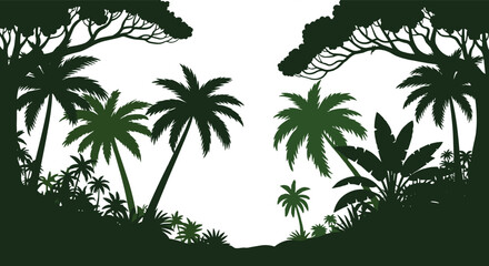Dark green silhouette of a jungle with exotic trees and plants, a tropical rainforest scene Vector Illustration.