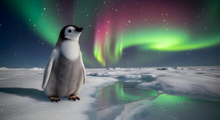 Penguin Gazing at the Aurora Borealis on Ice