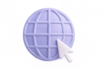 White computer mouse cursor clicking purple globe, symbolizing worldwide digital connectivity on transparent backdrop, 3d rendering