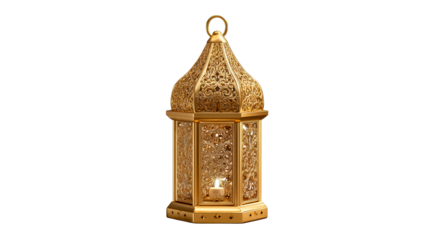 Ornate Gold Moroccan Lantern with Glowing Candle Flame