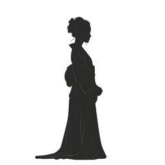 Dark silhouette of woman in kimono stands against black. Minimal design is suitable for branding or posters.