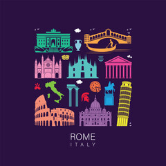 Rome Italy. set of Italy landmark icons royalty free vectors illustration art for Logo, T shirt, banner, card design. travel and tours illustrations vector background. World tourism day