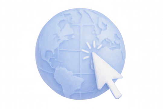 White mouse cursor clicking textured light blue globe on transparent background, perfect for global connectivity and internet concepts