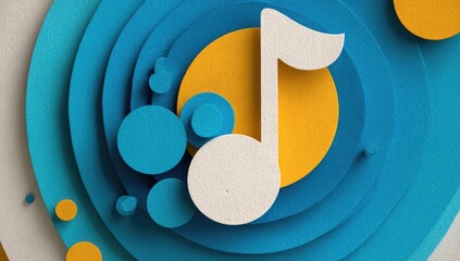 Layered circles in teal and ochre, featuring a white music note