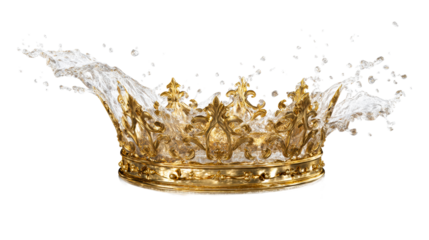 Intricate gold crown with dynamic water splash and droplets