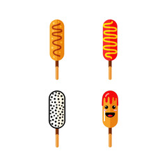 Variety of Korean Corn Dogs with Different Toppings on White