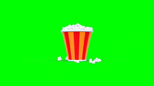 3D Animated Tall Red-Orange Striped Container Filled With Fluffy Popcorn Popping Out on Green Background.