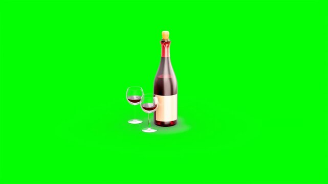 3D Animated Unopened Wine Bottle With Two Glasses Filled With Red Wine on Green Background.