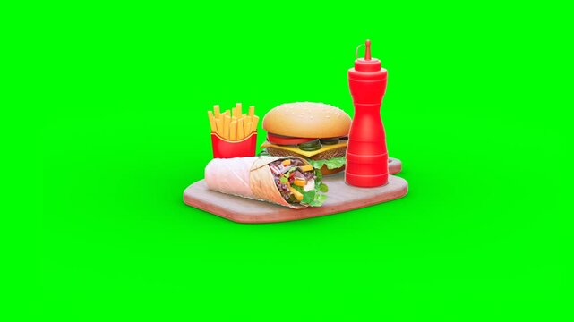 3D Animated Fast Food Plate With Burger, Fries in Red Paper Container, Shawarma, Bottle of Ketchup on Cutting Board. Green Screen.