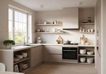 Fototapeta premium Elegant minimalist kitchen interior design with beige cabinets, open shelving, and abundant natural light.