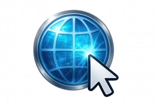 Digital cursor pointing luminous blue sphere, symbolizing worldwide network connection on transparent backdrop