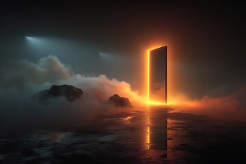 Tall glowing portal amidst misty rocks and reflective ground abstract light