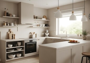 Elegant and modern kitchen interior design concept with neutral tones, ample natural light, and functional open shelving.