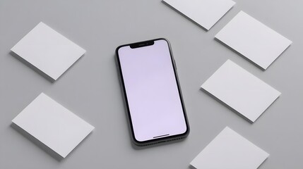 Sleek modern smartphone mockup on light gray backdrop with business cards for professional presentation