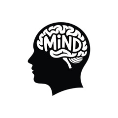 Human Head Silhouette with Brain and Mind Text Inside