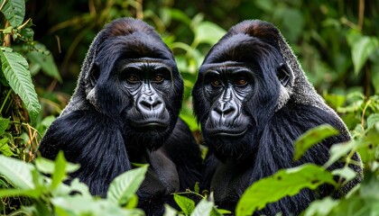 Fototapeta premium Two majestic gorillas sit amidst lush green foliage, their intense gazes meeting the viewer