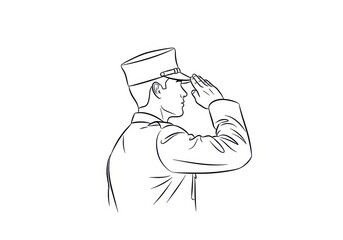 Monochrome illustration of a saluting officer in formal dress uniform and peaked cap