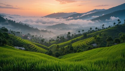 Obraz premium Misty Sunrise Over Lush Green Rice Terraces in a Peaceful Rural Mountain Village Landscape