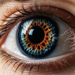 Stunning human eye macro, vibrant iris detail, blue and orange patterns